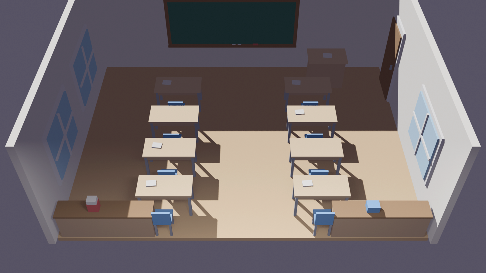 Homework Defense: a low-poly classroom battlefield seen from above