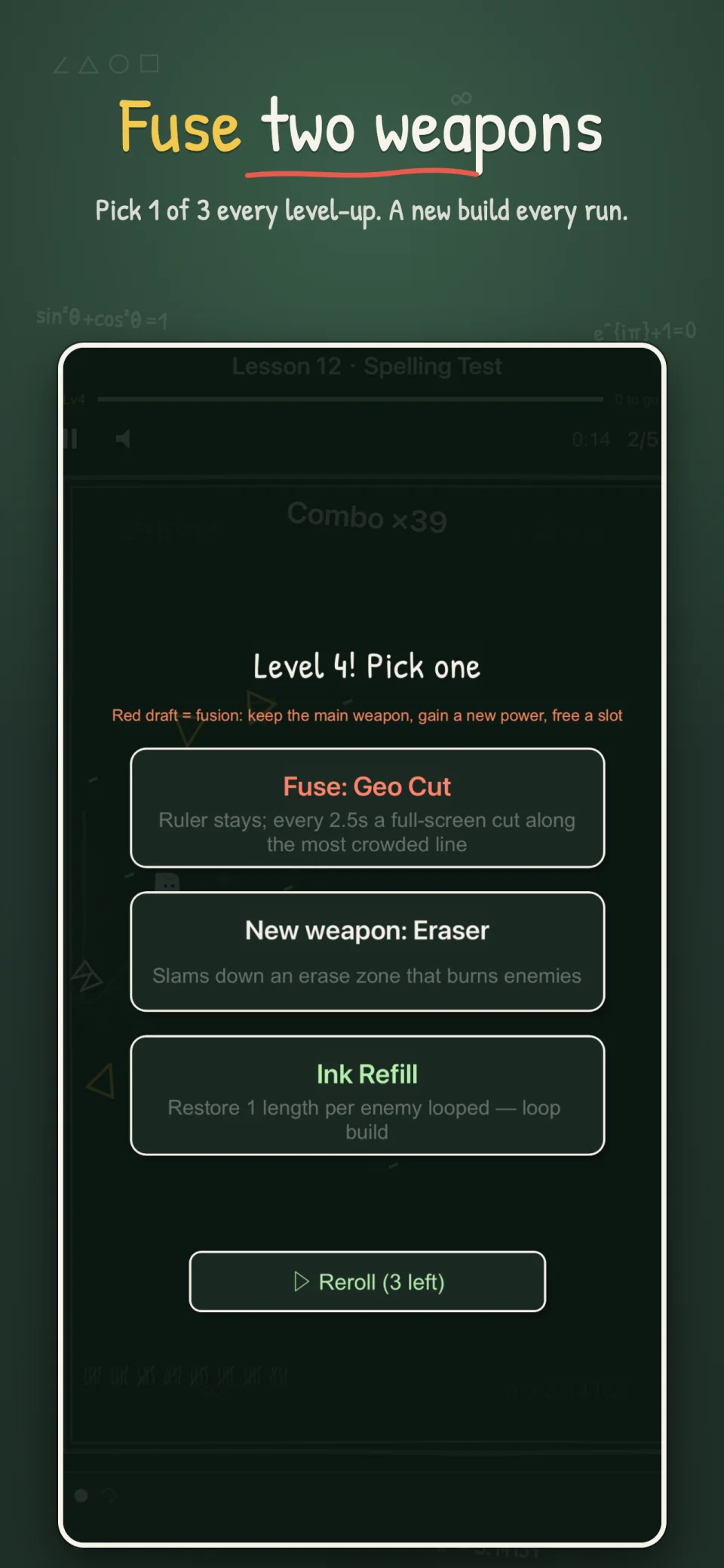 Chalk Hero level-up: pick one of three upgrades, including a weapon fusion, a new eraser, or ink refill