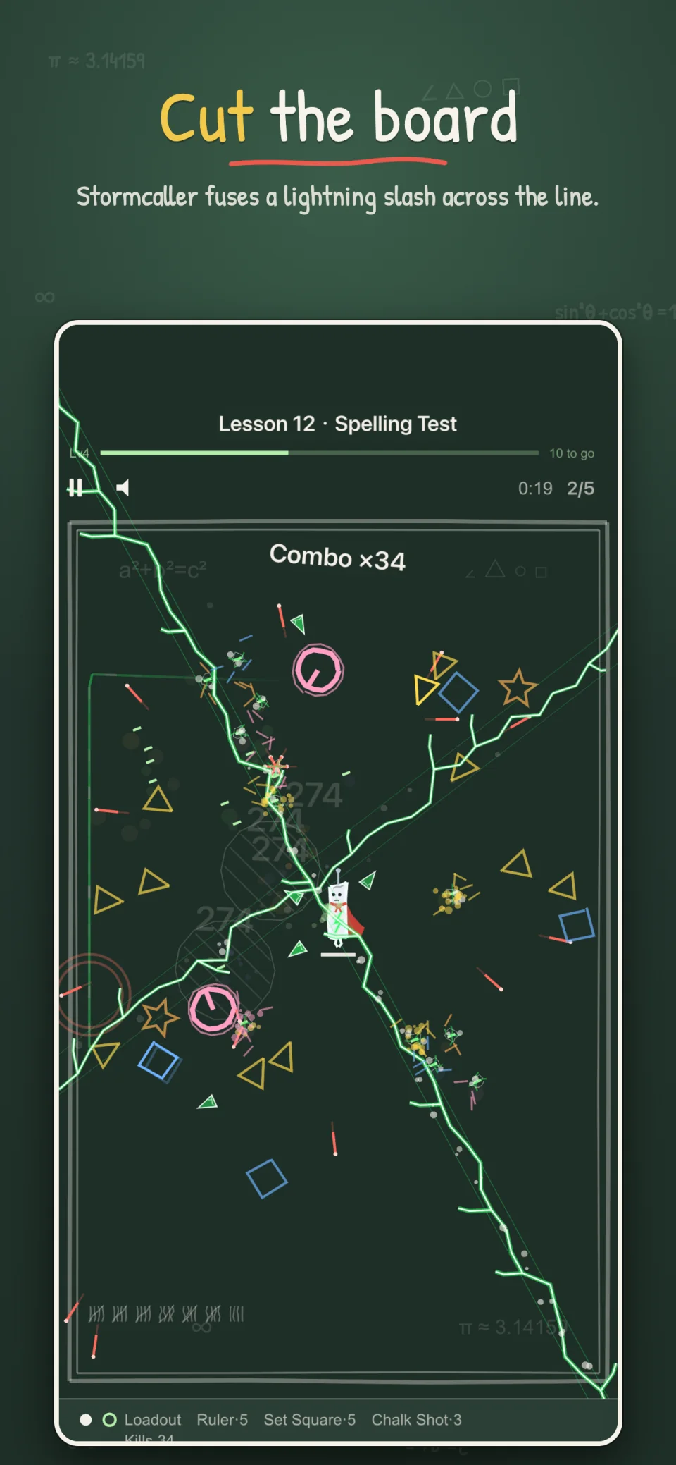 Chalk Hero: a lightning slash cutting across the blackboard through a line of enemies