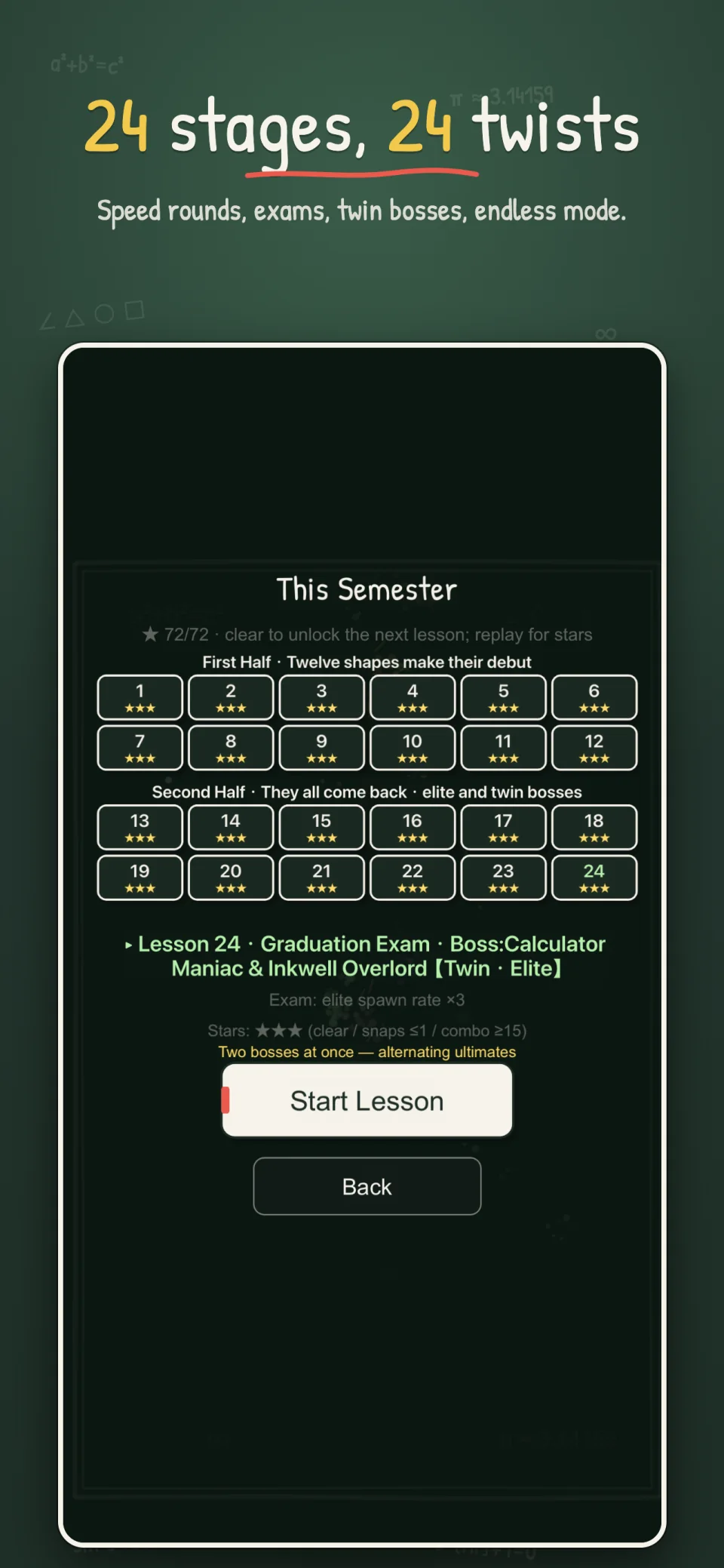 Chalk Hero semester screen: 24 lessons, all cleared with three stars, and a start button for the graduation exam