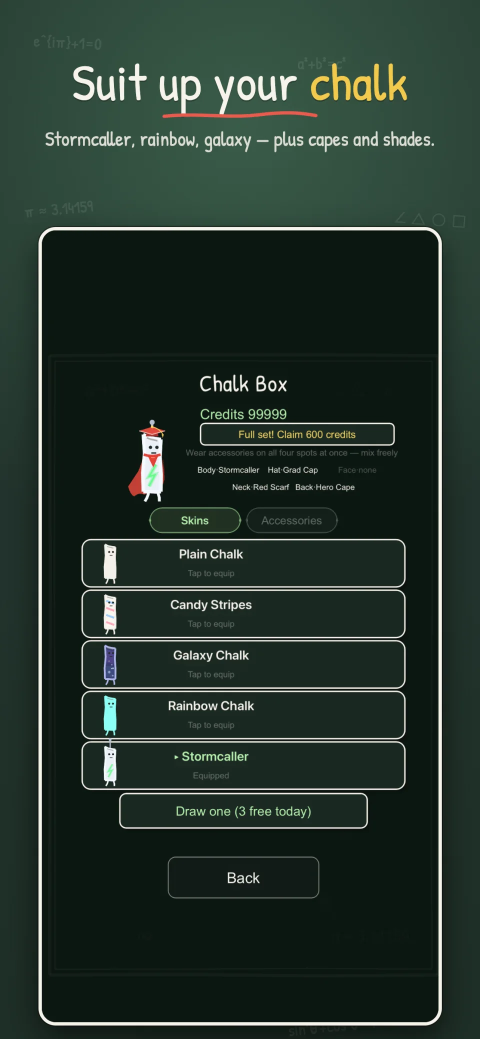 Chalk Hero chalk box: skins including plain, candy stripes, galaxy, rainbow and Stormcaller