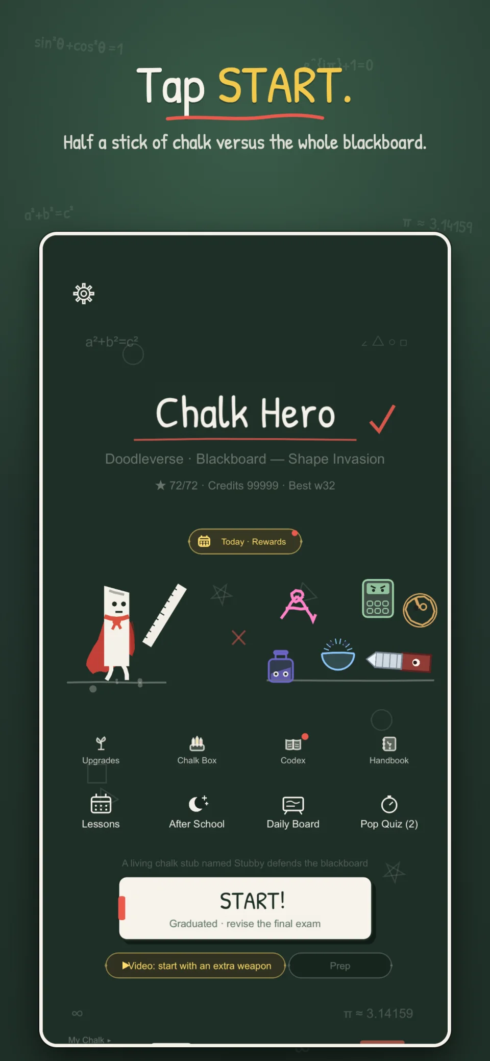 Chalk Hero title screen: a chalk stub in a red cape beside a ruler, compass, calculator and eraser, with a START button