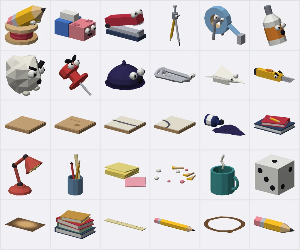 Homework Defense: the full set of low-poly desk models — towers, enemies, props and tiles