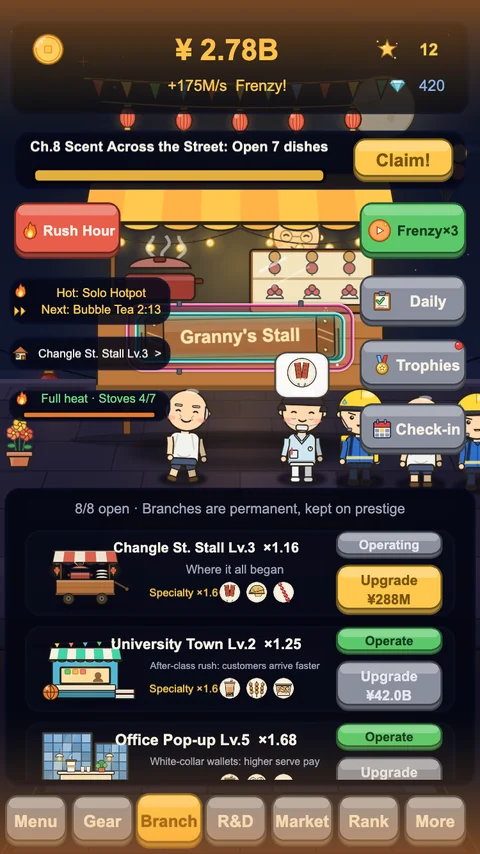 Stall King: branch list with a university-town stall and an office pop-up